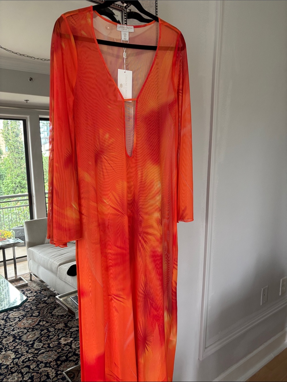 NWT Caroline Constas Orange Tropical Mesh Sheer Cover-Up Maxi Size Large - Picture 4 of 8
